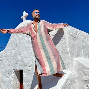 Mens caftan stripe cotton authentic CAFTAN for men /  greek style kaftan / loose kaftan rose striped