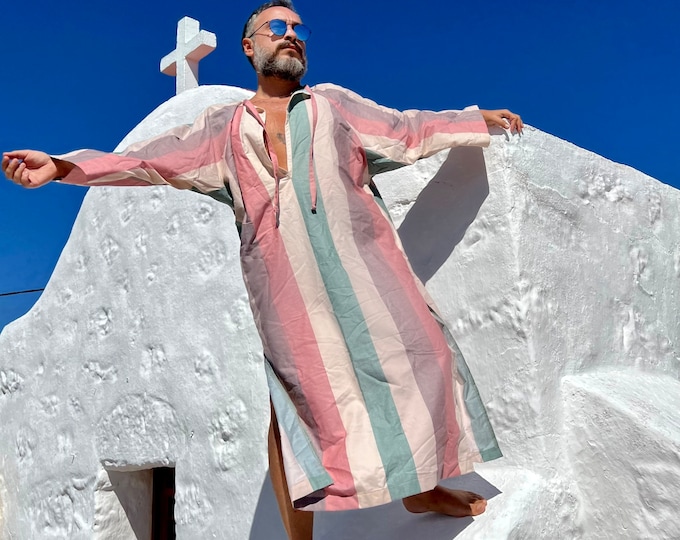 Mens caftan stripe cotton authentic CAFTAN for men /  greek style kaftan / loose kaftan rose striped