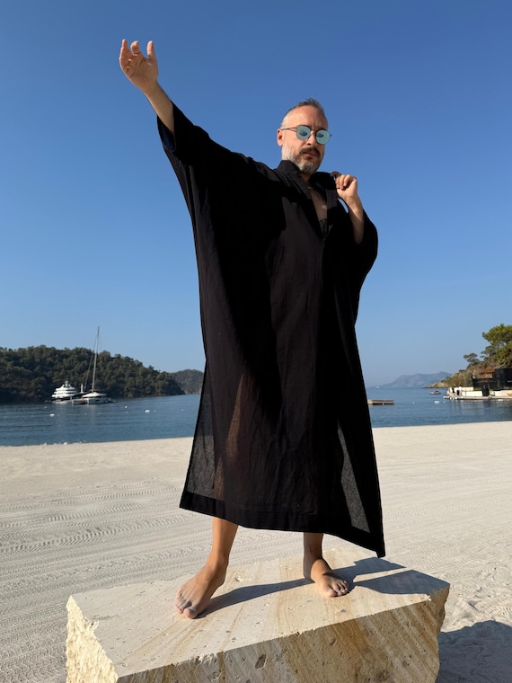 Handmade Sheer Black Caftan: Hemp Cotton Blend, Turtle Neck Collar