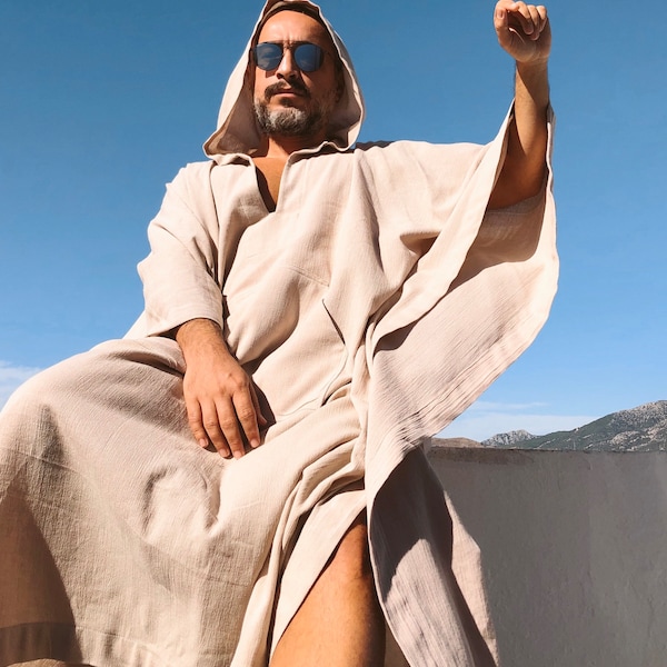 Mens Cotton Gauze Caftan with Hood / sand natural color /  loose kaftan for men / long tunic S to 6xl  plus size