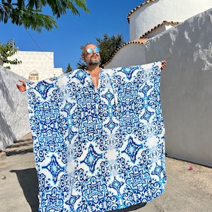 Mens Viscose Caftan Blue majolica print caftan for men, kaftan tunic pool party , billowy dress plus size kaftan caftan image 4