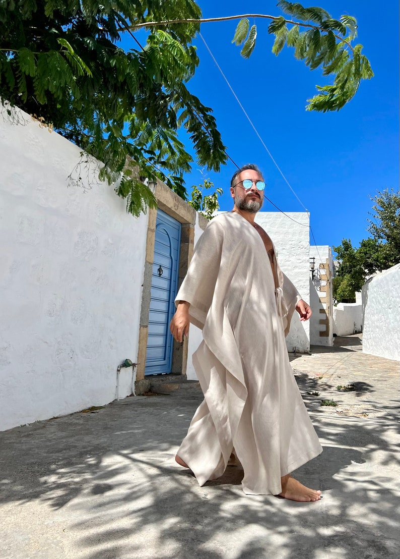 Mens Robe / Long Tunic Kaftan / Beige Cotton Gauze & Hemp / Mens