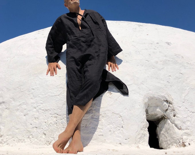 Men Black Linen caftan /  linen kaftan / linen kaftan for men /long linen tunic pajamas /  linen lounge wear - black - white
