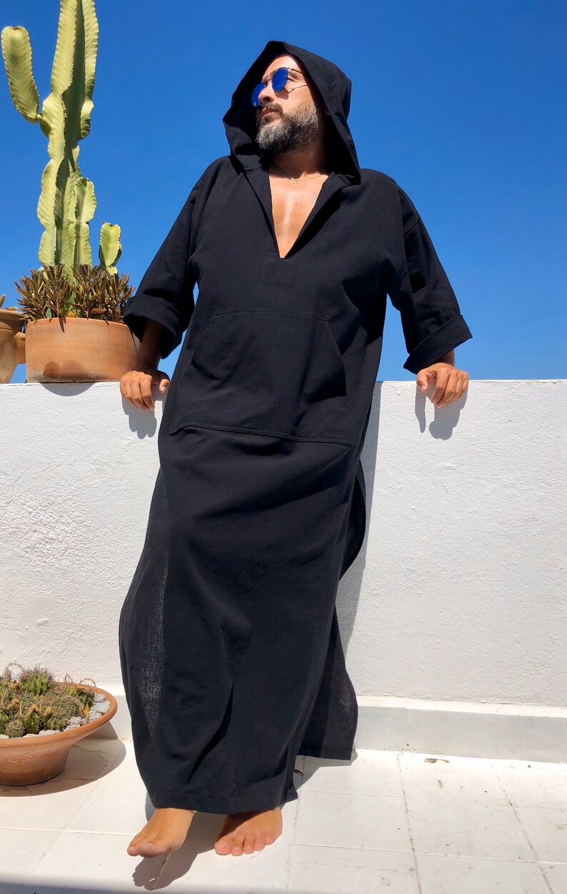 Mens Linen black Kaftan with Hood / surfers linen robe / plain | Etsy