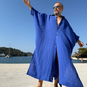 New! Shirt style Button down Caftan / Mens muslin caftan  /  cotton  authentic CAFTAN for men /  greek style kaftan / indigo blue