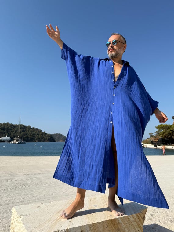 Indigo Blue Muslin Caftan for Men, Greek Style Shirt Dress