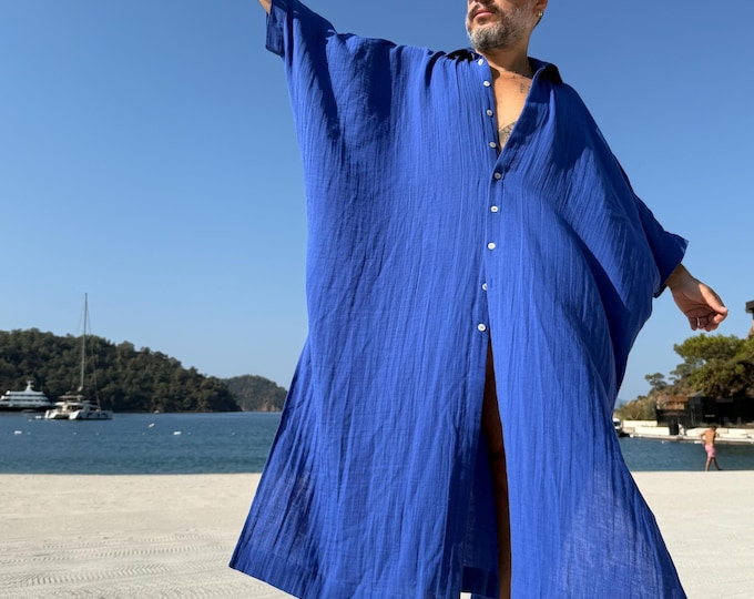 New! Shirt style Button down Caftan / Mens muslin caftan  /  cotton  authentic CAFTAN for men /  greek style kaftan / indigo blue