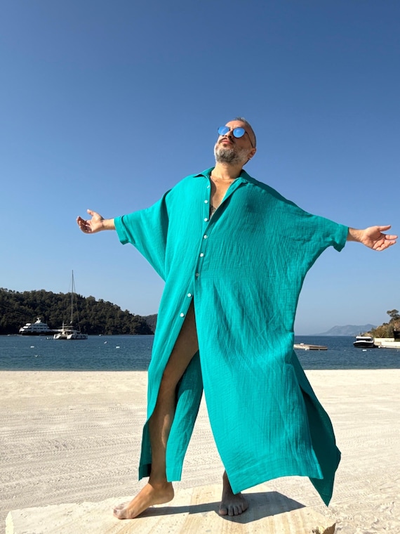 Handmade Muslin Caftan Shirt: Turquoise Blue, Greek Style