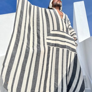 Mens muslin cotton kaftan with HOOD / muslin fabric authentic CAFTAN for men / greek style kaftan / loose kaftan gray striped image 10