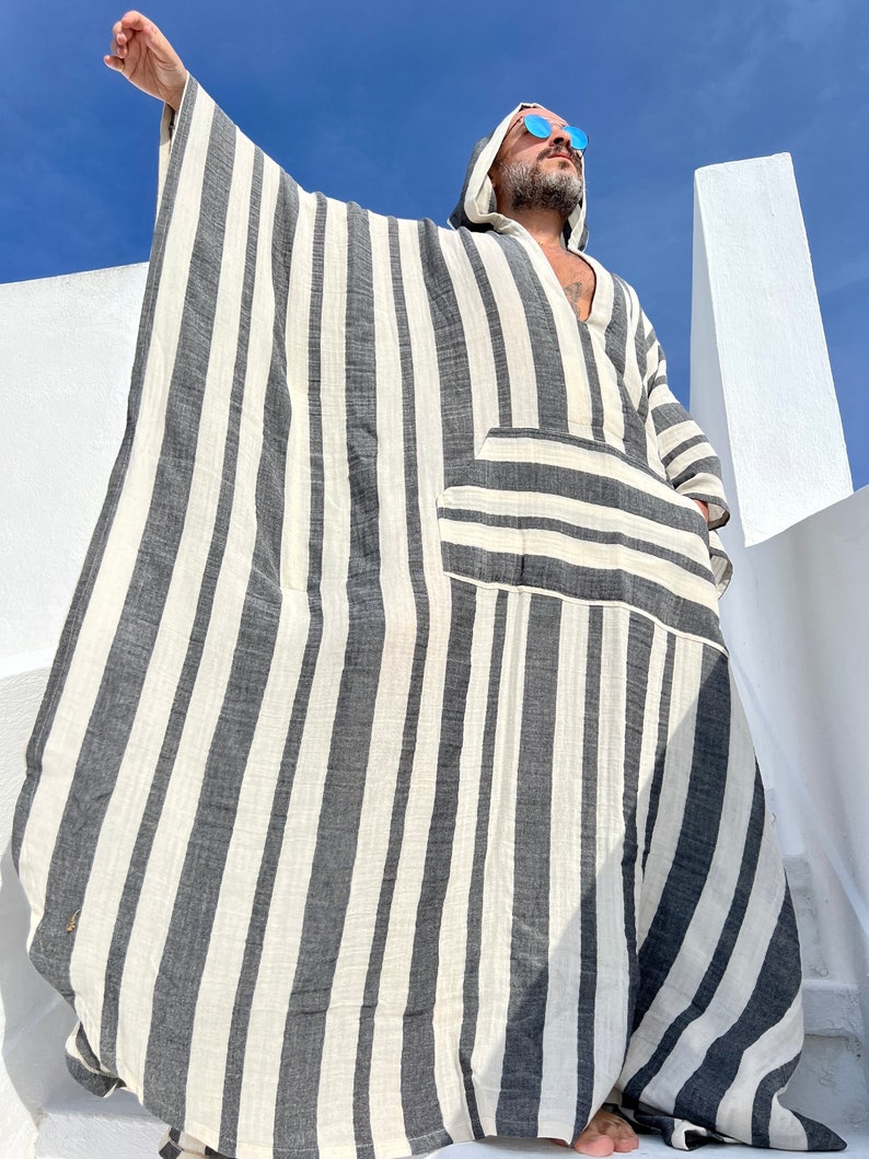 Mens muslin cotton kaftan with HOOD / muslin fabric authentic CAFTAN for men / greek style kaftan / loose kaftan gray striped image 10