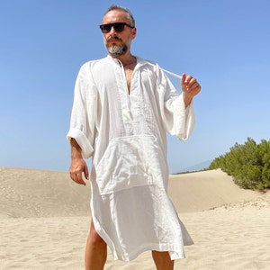 Mens white caftan / cotton gauze kaftan for men / mid calf caftan pool party loose caftan / plus size caftan / kaftan for men beige black image 1