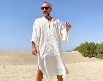 Mens white caftan / cotton gauze kaftan for men /  mid calf caftan pool party loose caftan / plus size caftan  / kaftan for men beige black