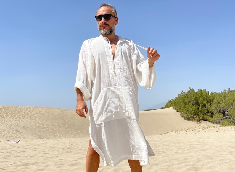 Mens white caftan / cotton gauze kaftan for men / mid calf caftan pool party loose caftan / plus size caftan / kaftan for men beige black image 1