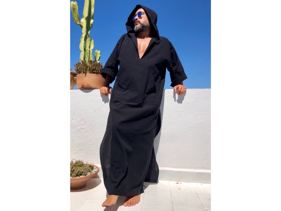 Men's Black Hooded Kaftan, Cotton Gauze Surfer Robe