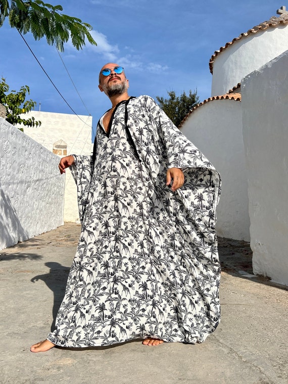 Mens Tropical Viscose Kaftan, Palm Tree Print, Pool Party Tunic