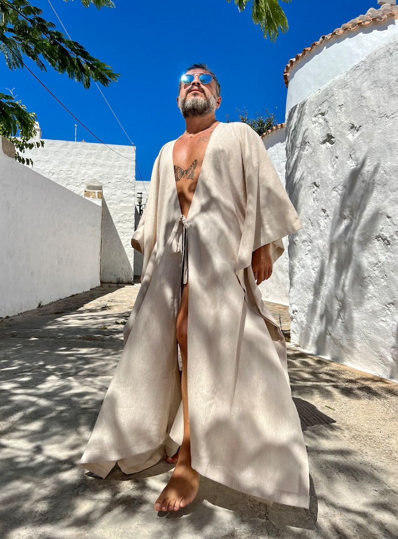 Mens Robe / Long Tunic Kaftan / Beige Cotton Gauze & Hemp / Mens