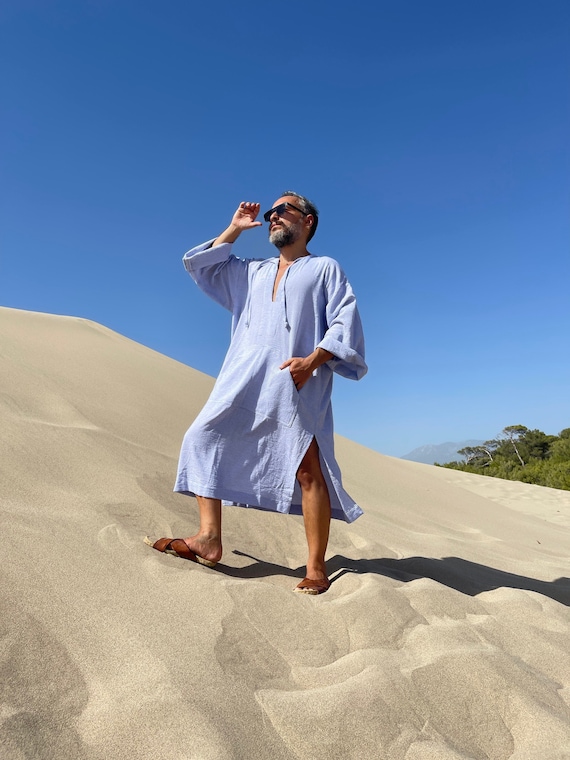 Mens Linen Blend Kaftan – Mid-Calf Robe with Pocket