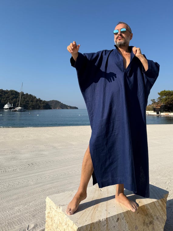 Handmade Linen Caftan for Men, Navy Blue Greek Style