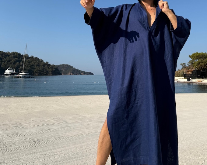 New Design ! Linen Navy Blue / Mens caftan Linen authentic CAFTAN for men / greek style kaftan / loose kaftan / turtle neck collar caftan
