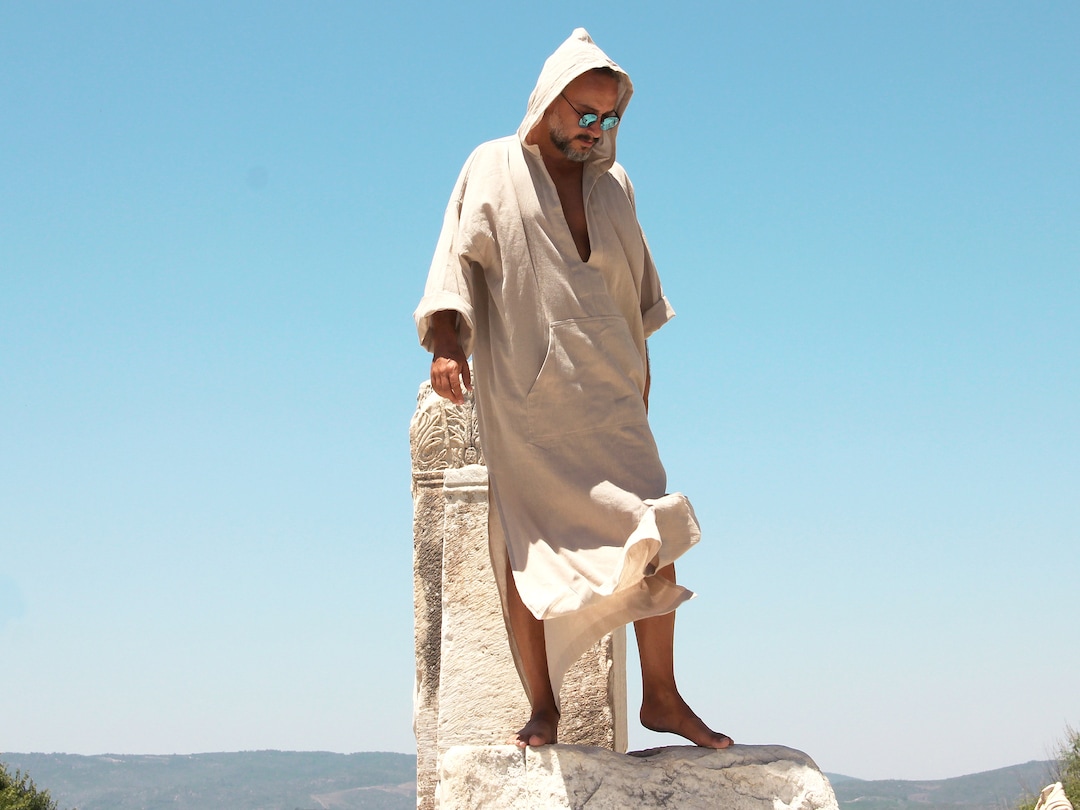 Mens Linen Caftan With Hood / Surfers Linen Robe / Plain Natural Color ...