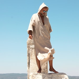 Mens Linen Caftan with Hood / surfers linen robe / plain natural color /  loose kaftan for men s / long robe tunic  / small to 4XL djellaba