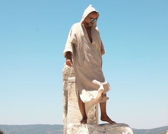 Mens Linen Hooded Caftan Kangaroo Pocket