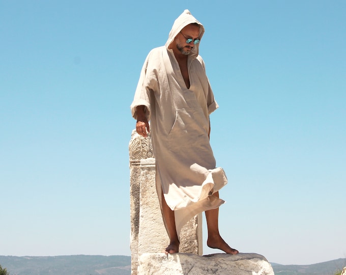 Mens Linen Caftan with Hood / surfers linen robe / plain natural color /  loose kaftan for men s / long robe tunic  / small to 4XL djellaba