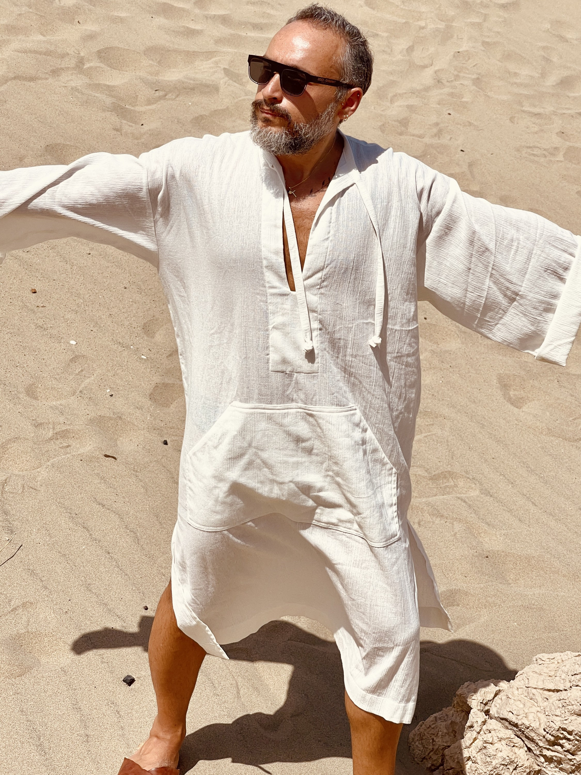 Mens White Caftan / Cotton Gauze Kaftan for Men / Mid Calf