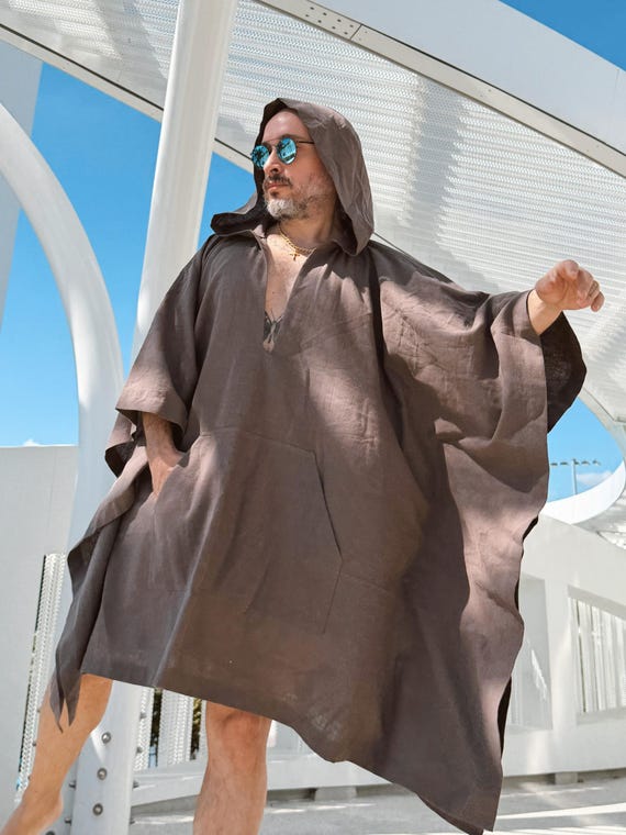 Mini Hooded Caftan Cotton Hemp Pocket Beach Cover Up Resort Wear Brown knee length