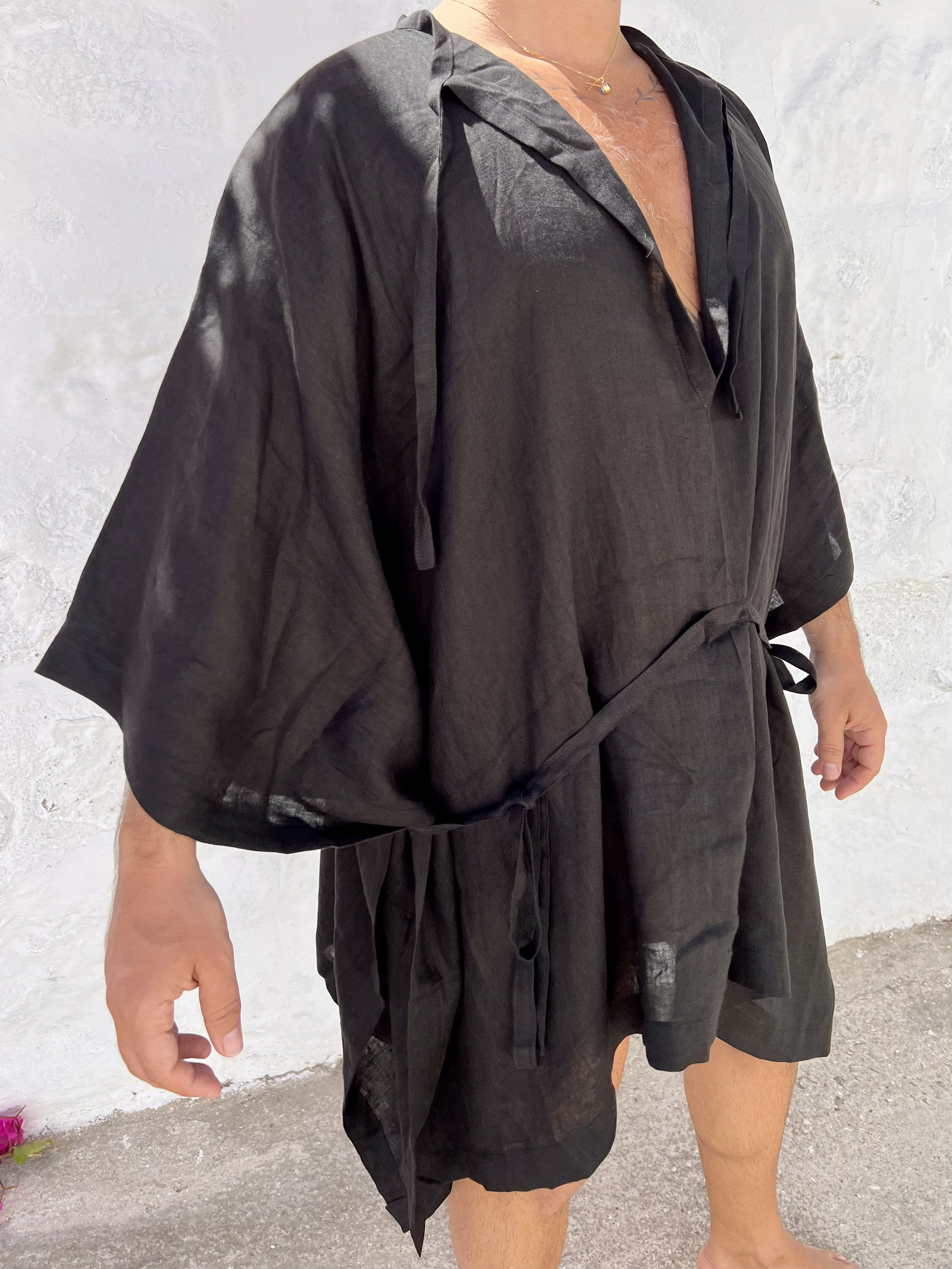 Mens cotton gauze mini caftan for men, kaftan festival clothing black