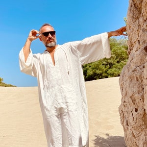 Mens white caftan / cotton gauze kaftan for men / mid calf caftan pool party loose caftan / plus size caftan / kaftan for men beige black image 6