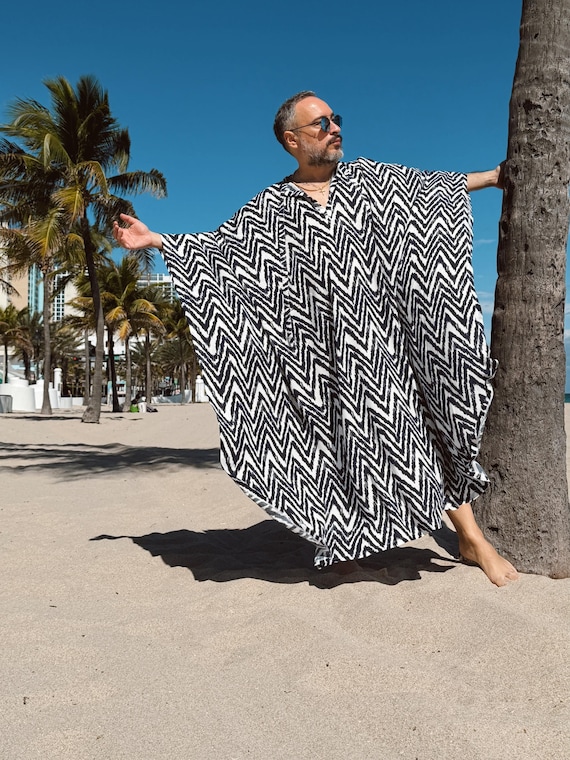 Men's Viscose Caftan Pullover – Navy Zigzag Print Resort Beach Cover Up