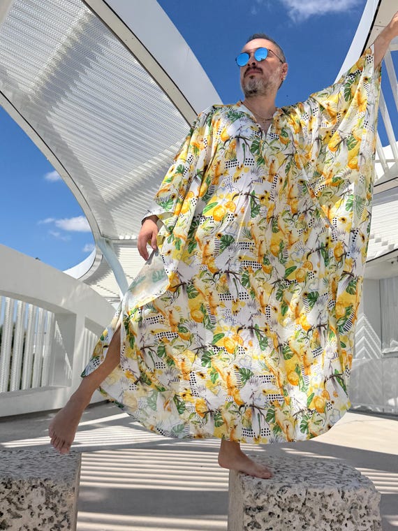 Lemon Print Mens Caftan, Viscose Tunic, Handmade Resort Wear