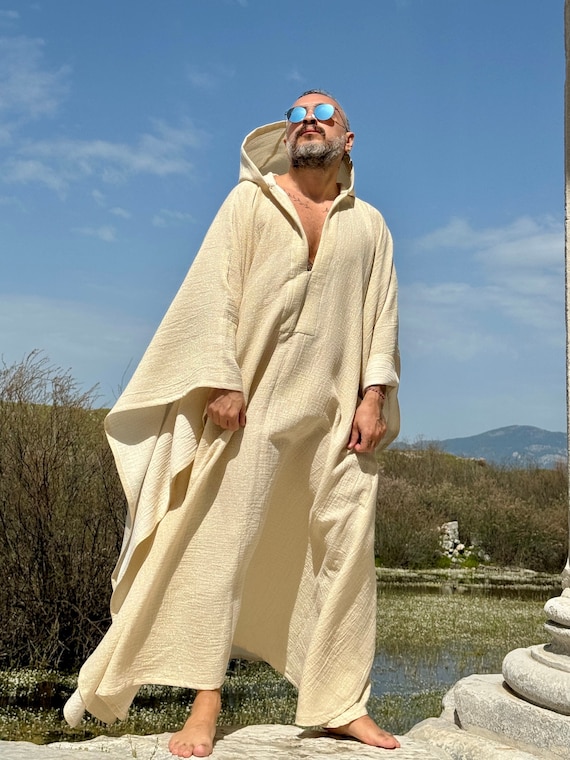 Mens Hooded Caftan: Lightweight Gold Cotton Gauze, Greek Style