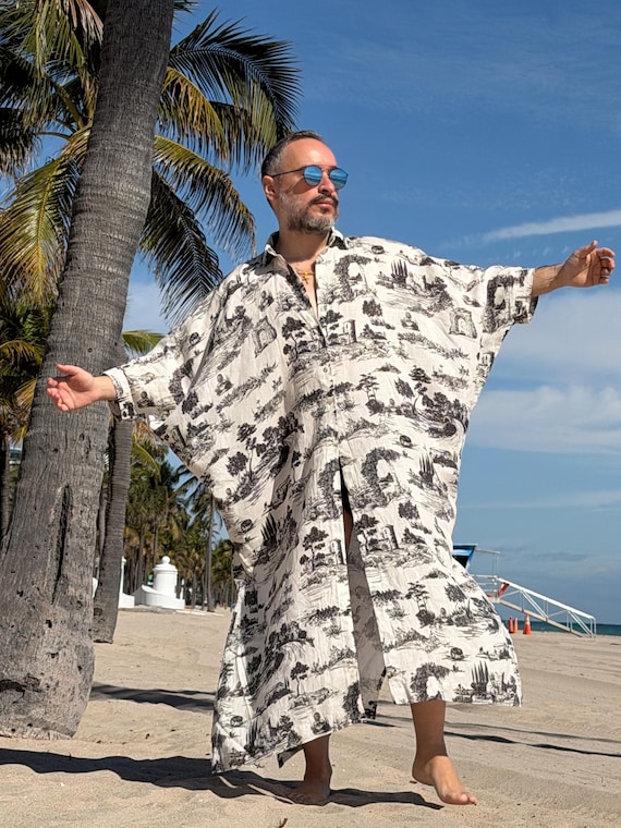 Men's Toile Print Linen Kaftan Shirt: Black/White, Blue/White Tropical Beach Wear