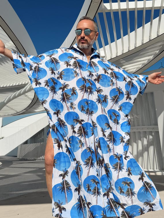 Palm Tree Button Down Shirt Caftan Cotton Voile Mens Resort Lounge Wear