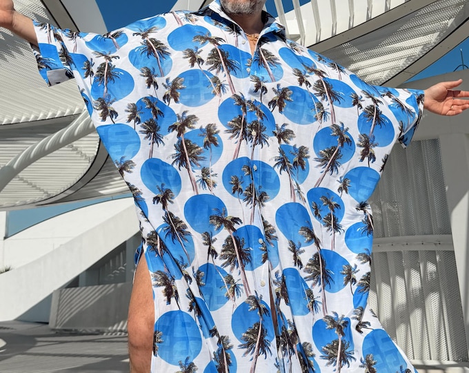 Palm Tree Button Down Shirt Caftan Cotton Voile Mens Resort Lounge Wear