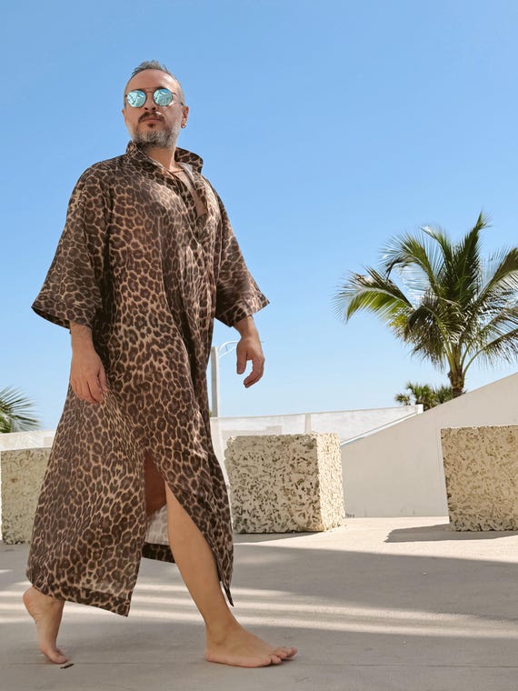 Mens Leopard Caftan -Cotton Voile  Lightweight Boho Loungewear