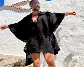 Mens cotton gauze mini caftan for men, kaftan festival clothing black white ponchos burning man ancient roman style  caftan