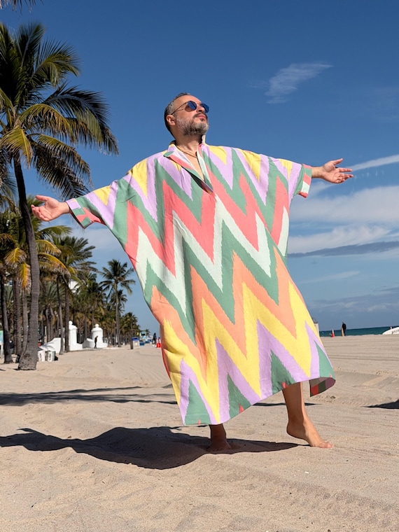 Men Linen Caftan – Rainbow Zigzag  Boho Kaftan