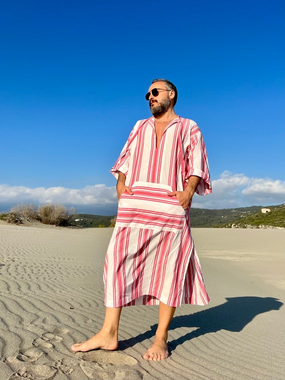 Mens Red Striped Cotton Caftan - Greek Style Midi Kaftan, Plus Size