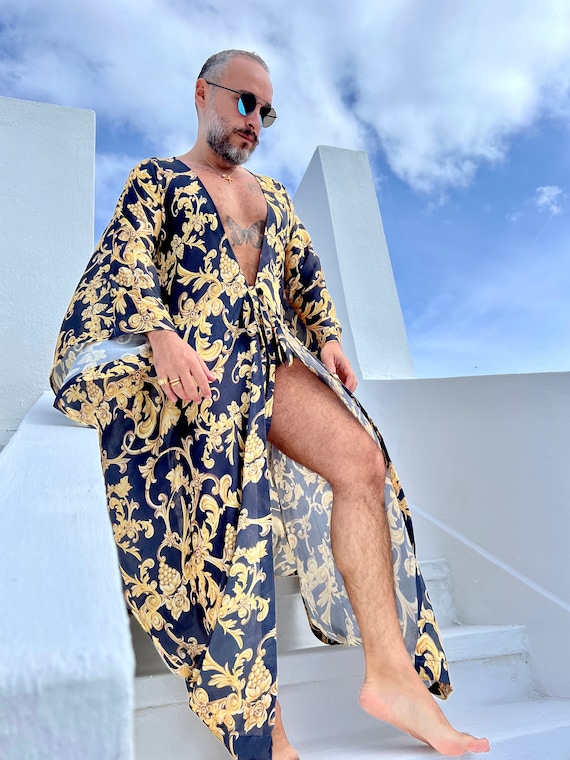 Silky Chiffon Mens Kaftan Robe, Black & Gold, Ancient Roman Style