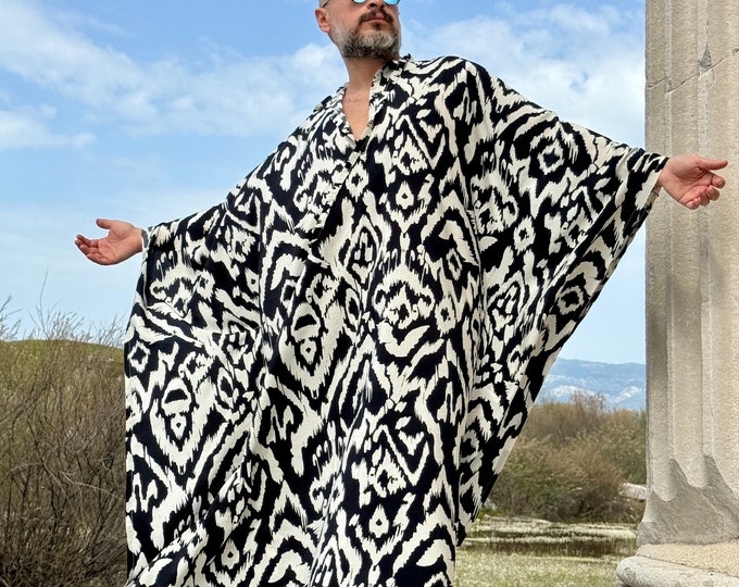 Men’s ikat CAFTAN viscose kaftan black and white  / greek men s pajamas / kaftan for men s robe tunic long kaftan moroccan man ottoman