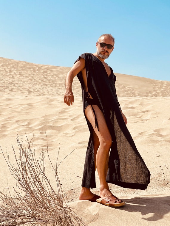 Mens Linen Cotton Caftan, Reversible Beach Tunic, Festival Clothing