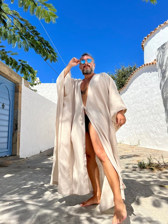 Handmade Beige Cotton Gauze Men's Caftan Robe - Loungewear