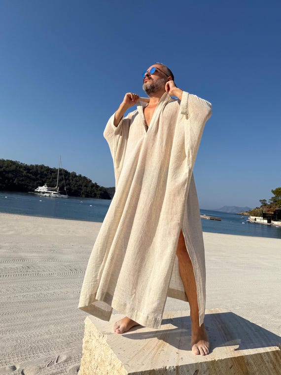 Sheer Hemp Cotton Mens Caftan: Handmade Band Collar, Greek Style