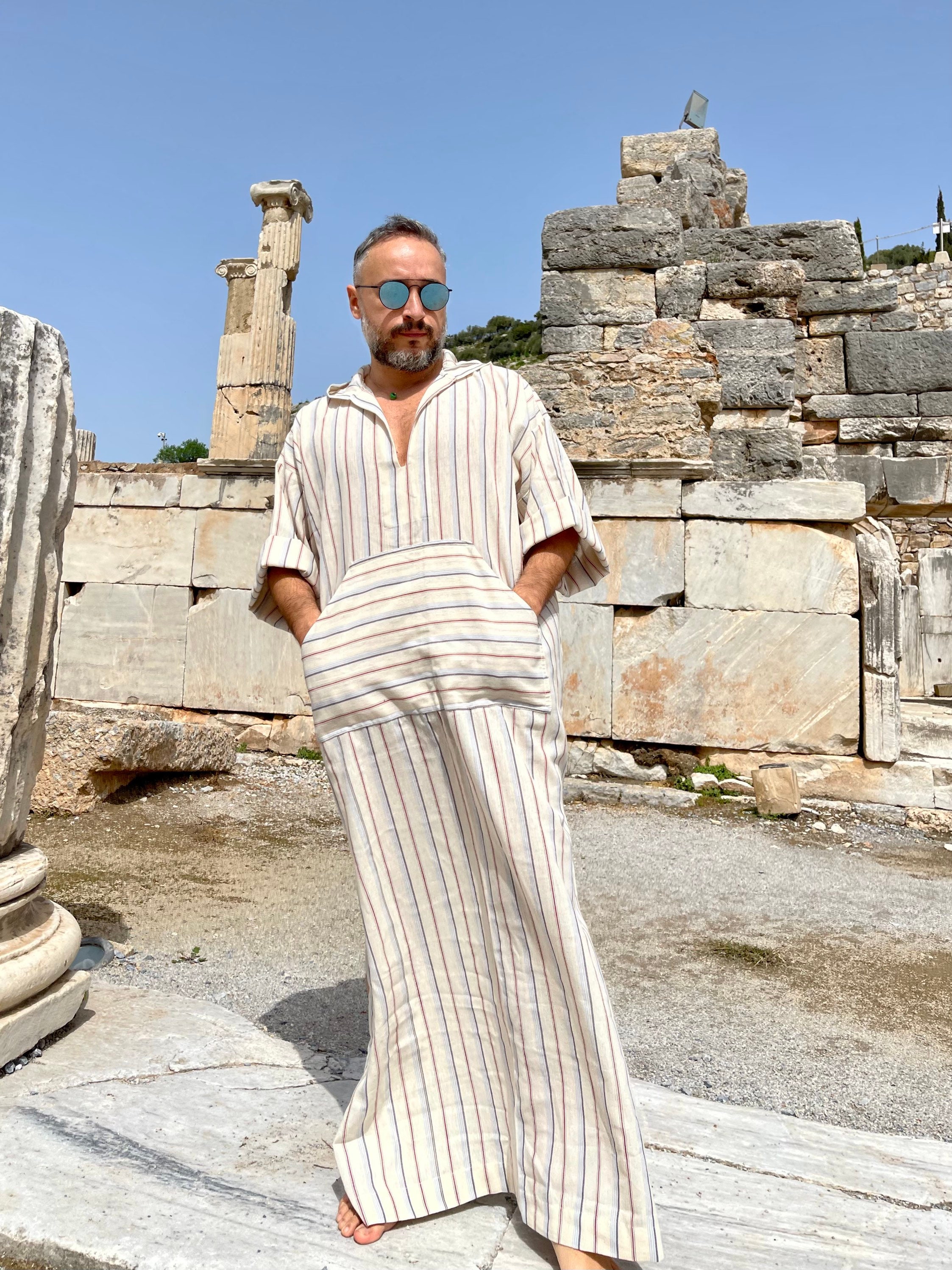 Mens Linen Hooded Caftan / striped Kaftan Greek hoodie kaftan for men