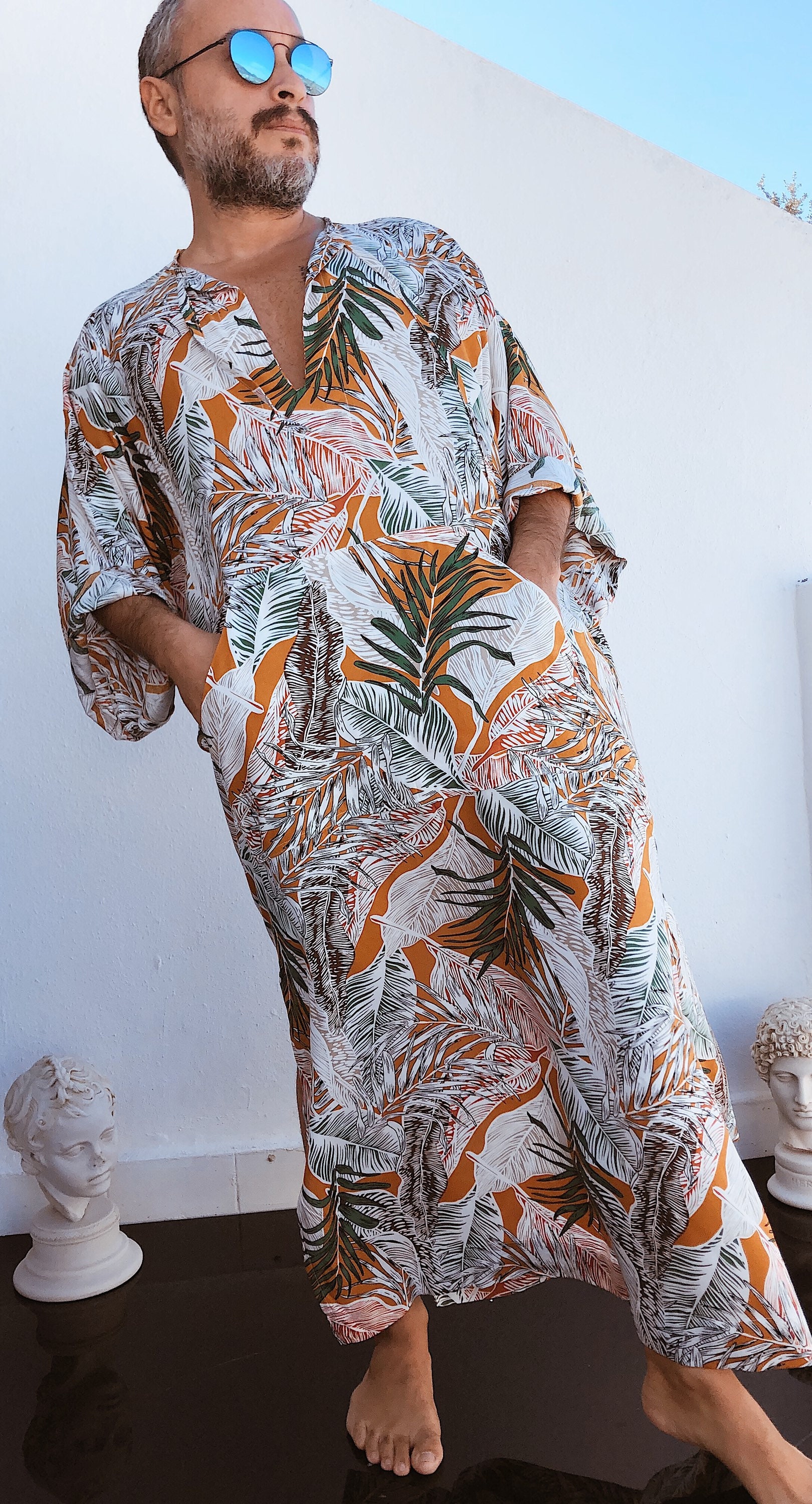 Mens Kaftan palm tree tropical greek GREECE style kaftan for men robe long tunic, cotton viscose