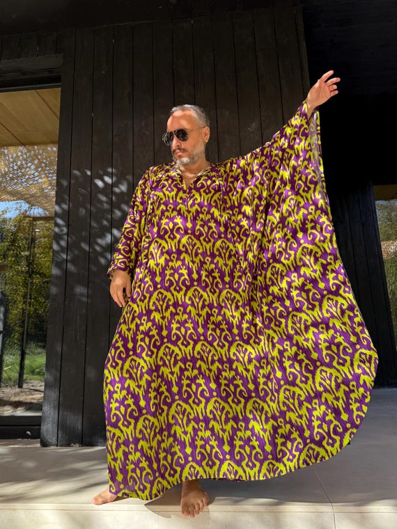 Handmade Ikat Viscose Caftan, Men's Purple Green Loungewear
