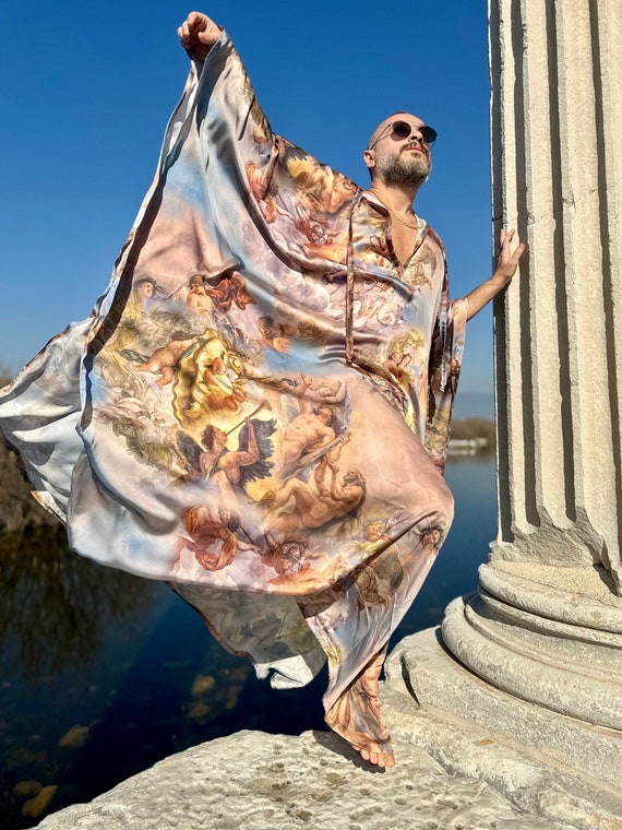Mens Renaissance Angel Print Satin Caftan, Plus Size Pool Party Tunic